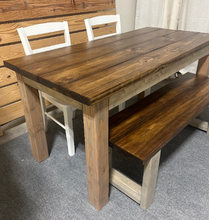 Load image into Gallery viewer, Farmhouse Dining Table Set - Gray and Provincial Brown - Bench Seating and Chair Option - Narrow Wooden Kitchen or Dining Table
