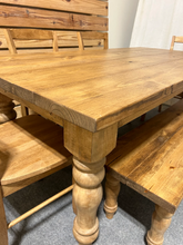 Load image into Gallery viewer, 6 Foot Farmhouse Table with Benches - Early American Brown - Chunky Turned Table Legs - Wooden Dining Room, Kitchen Table
