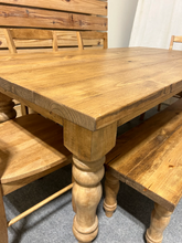 Load image into Gallery viewer, Farmhouse Table Dining Set, Chunky Turned Legs, Chairs and Bench, Early American Brown, Wooden Kitchen Table Set
