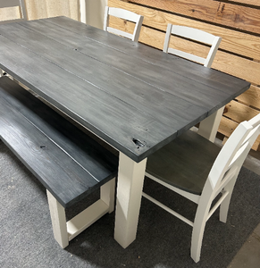 Dining Table Set with Chairs and a Bench - Carbon Gray White Wash - Antique White - Farmhouse Style Dining Table