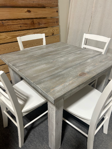 Square Farmhouse Table with Chairs (Gray White Wash, Distressed White)