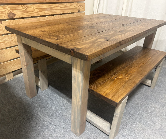 5ft Dining Table - With Benches - Modern Farmhouse Style - Gray, Provincial Brown - Wooden Kitchen Table