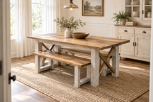 Load image into Gallery viewer, 6-Foot Classic X Style Farmhouse Table Set with Benches (Special Walnut, Distressed White)
