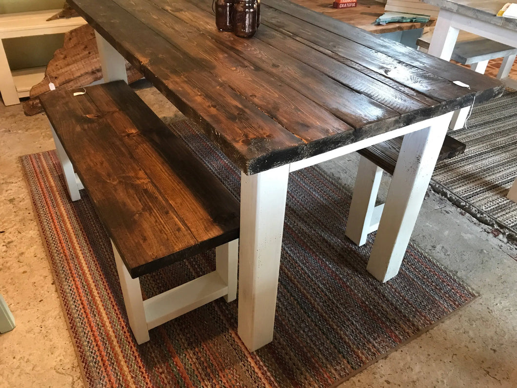 5ft Classic Farmhouse Table with Benches (Espresso Brown, and Antique White)