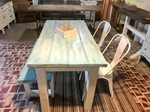 5ft Classic Farmhouse Table with Bench and Chairs (Aqua, White)