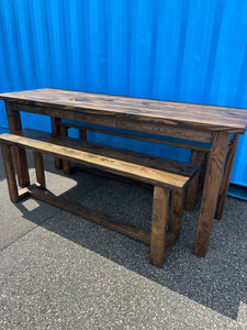 7ft Counter Height Farmhouse Table with Benches, Rustic Dark Walnut Finish, Dining and Kitchen Table