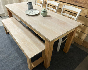 6ft Oak Table with Chairs and Bench (White Wash Oak, Golden Pecan)