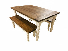 Load image into Gallery viewer, Dark walnut farmhouse table with two matching benches and antique-white turned legs on a clean white background
