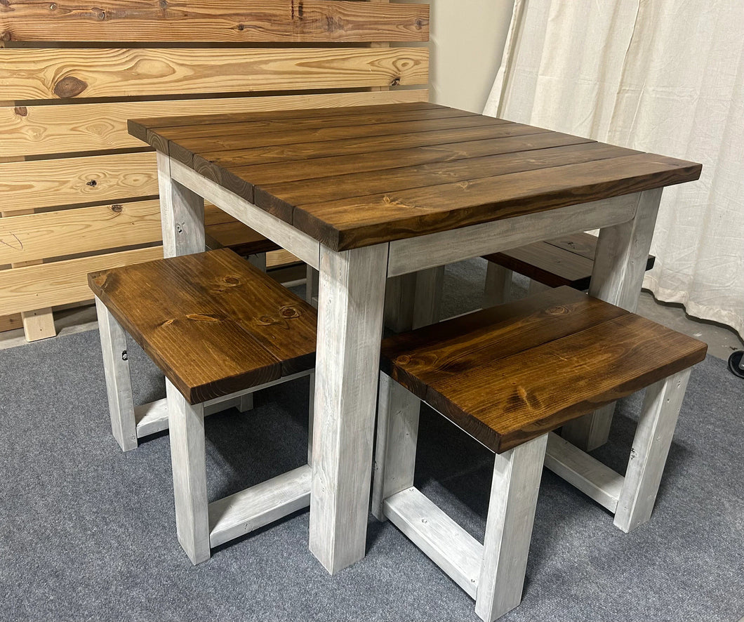 Square Farmhouse Table with Stools and Chair Options (Provincial, Distressed White)