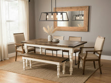 Load image into Gallery viewer, Dark walnut farmhouse table staged with upholstered end chairs, cane-back chairs and a matching bench in a dining room
