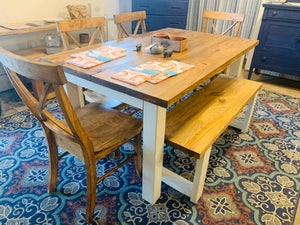 5ft Classic Farmhouse Table with X Back Chairs and Bench (Early American, White)