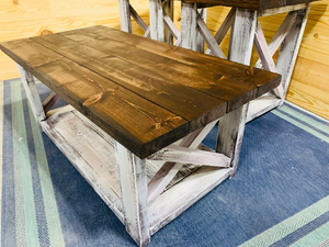 Farmhouse Living Room Set, End Tables Set and Coffee Table with Distressed White Base and Red Mahogany Top, Rustic Living Room Furniture X