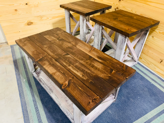 Farmhouse Living Room Set, End Tables Set and Coffee Table with Distressed White Base and Red Mahogany Top, Rustic Living Room Furniture X