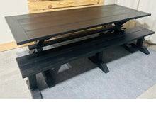 Load image into Gallery viewer, Black Modern Trestle Farmhouse Table, With Benches, Stained True Black, Dining Table or Kitchen Table Set
