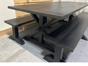 Black Modern Trestle Farmhouse Table, With Benches, Stained True Black, Dining Table or Kitchen Table Set