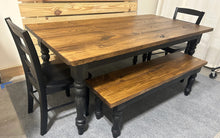 Load image into Gallery viewer, 6ft Turned Leg Modern Farmhouse Table Set with Benches (Provincial Top, Black Base)
