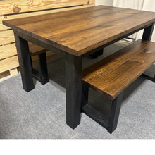 Load image into Gallery viewer, 5ft Modern Farmhouse Dining Set with Benches - True Black &amp; Provincial Brown Finish - Real Wood Craftsmanship
