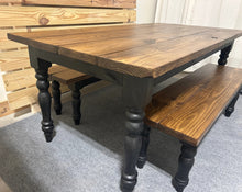 Load image into Gallery viewer, 6ft Turned Leg Modern Farmhouse Table Set with Benches (Provincial Top, Black Base)
