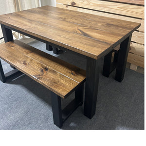 5ft Modern Farmhouse Dining Set with Benches - True Black & Provincial Brown Finish - Real Wood Craftsmanship