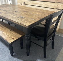 Load image into Gallery viewer, 6ft Turned Leg Modern Farmhouse Table Set with Benches (Provincial Top, Black Base)
