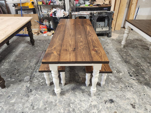 Farmhouse Table Narrow Turned Leg With Benches (Provincial, Antique White)