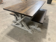 Load image into Gallery viewer, 6ft Classic Pedestal Table With Benches (Dark Walnut, Distressed White)
