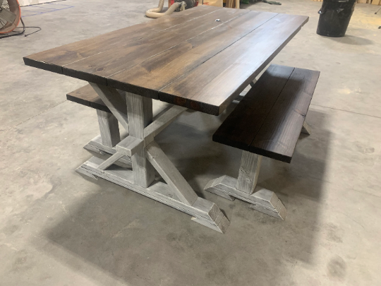 6ft Classic Pedestal Table With Benches (Dark Walnut, Distressed White)