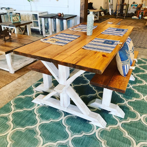 6ft Classic Pedestal Table With Benches (Early American, Distressed White)
