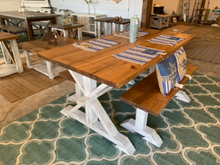 Load image into Gallery viewer, 6ft Classic Pedestal Table With Benches (Early American, Distressed White)
