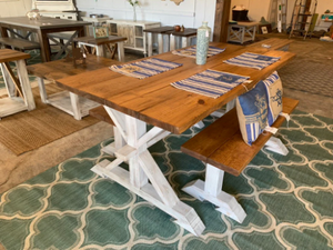 6ft Classic Pedestal Table With Benches (Early American, Distressed White)