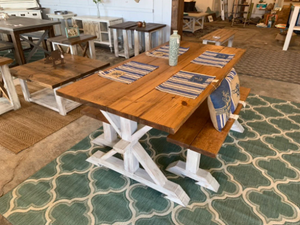 6ft Classic Pedestal Table With Benches (Early American, Distressed White)