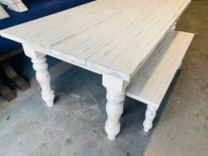 7ft Chunky Turned Leg Farmhouse Table Set with Bench (Slightly Distressed White)