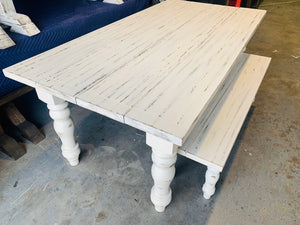 7ft Chunky Turned Leg Farmhouse Table Set with Bench (Slightly Distressed White)