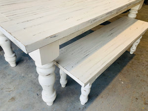 7ft Chunky Turned Leg Farmhouse Table Set with Bench (Slightly Distressed White)