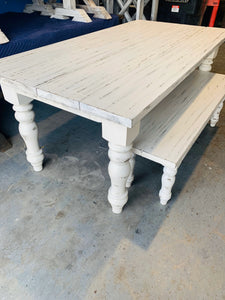 7ft Chunky Turned Leg Farmhouse Table Set with Bench (Slightly Distressed White)