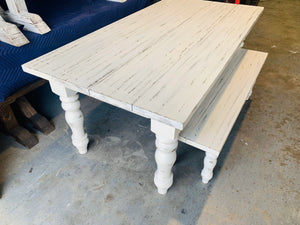 7ft Chunky Turned Leg Farmhouse Table Set with Bench (Slightly Distressed White)