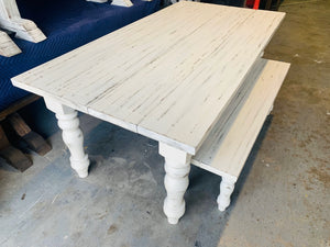 7ft Chunky Turned Leg Farmhouse Table Set with Bench (Slightly Distressed White)