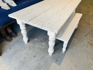 7ft Chunky Turned Leg Farmhouse Table Set with Bench (Slightly Distressed White)