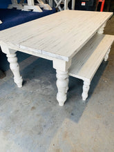 Load image into Gallery viewer, 7ft Chunky Turned Leg Farmhouse Table Set with Bench (Slightly Distressed White)
