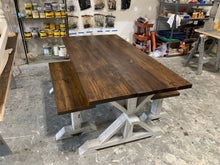 Load image into Gallery viewer, Rustic Pedestal Farmhouse Dining Table Set with Benches (Provincial Brown) - Curbside Treasures LLC
