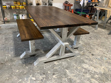 Load image into Gallery viewer, Rustic Pedestal Farmhouse Dining Table Set with Benches (Provincial Brown) - Curbside Treasures LLC
