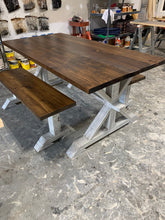 Load image into Gallery viewer, Rustic Pedestal Farmhouse Dining Table Set with Benches (Provincial Brown) - Curbside Treasures LLC

