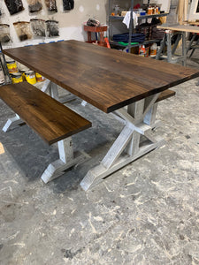 Rustic Pedestal Farmhouse Dining Table Set with Benches (Provincial Brown) - Curbside Treasures LLC