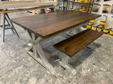 Load image into Gallery viewer, Rustic Pedestal Farmhouse Dining Table Set with Benches (Provincial Brown) - Curbside Treasures LLC
