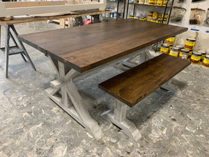 Rustic Pedestal Farmhouse Dining Table Set with Benches (Provincial Brown) - Curbside Treasures LLC