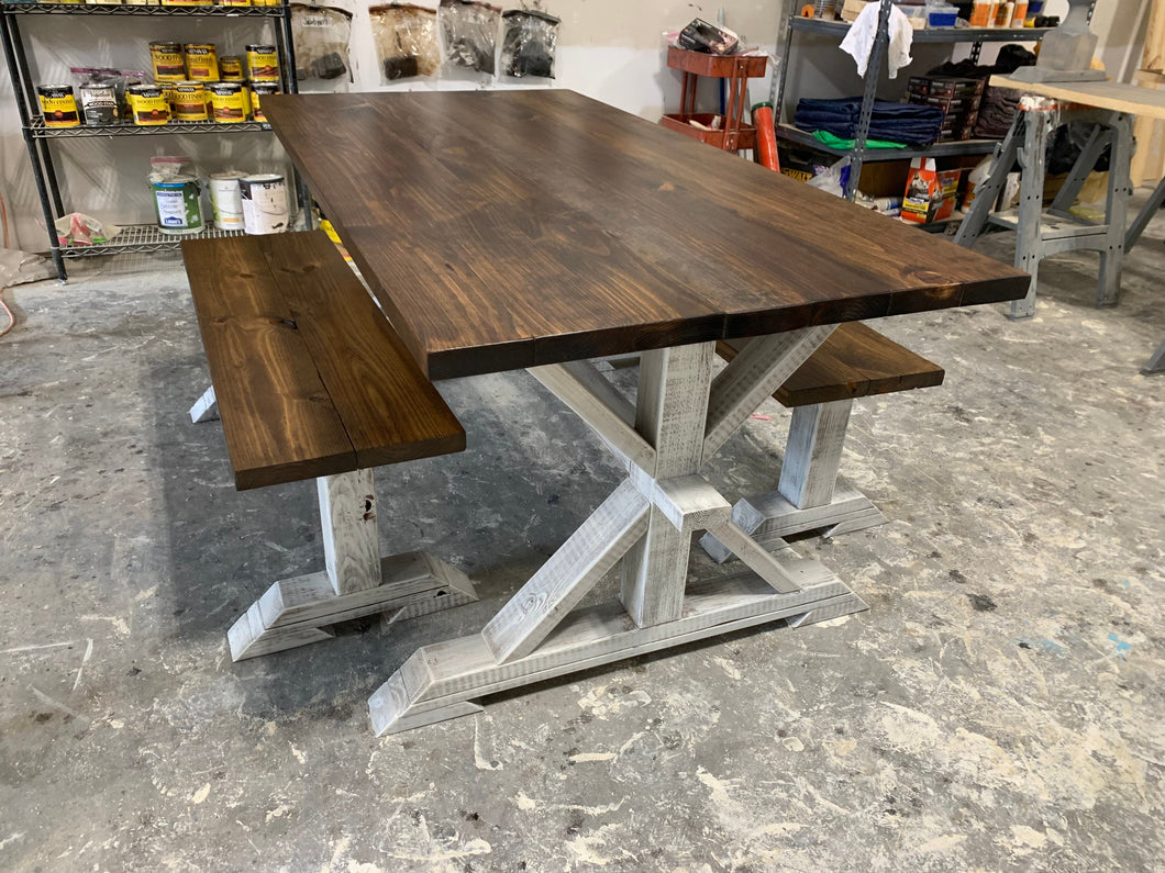 Rustic Pedestal Farmhouse Dining Table Set with Benches (Provincial Brown) - Curbside Treasures LLC