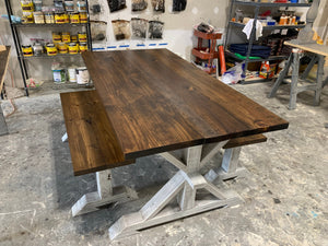 Rustic Pedestal Farmhouse Dining Table Set with Benches (Provincial Brown) - Curbside Treasures LLC