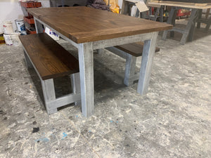 Rustic Wooden Farmhouse Table Set with Benches (Provincial Brown) - Curbside Treasures LLC