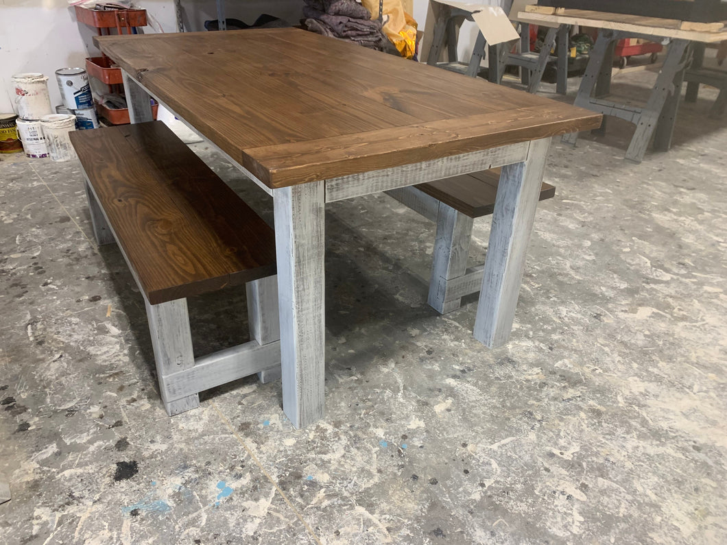 Rustic Wooden Farmhouse Table Set with Benches (Provincial Brown) - Curbside Treasures LLC