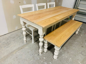 6ft Narrow Oak Rustic Farmhouse Table with Turned Legs (Natural Oak, White)
